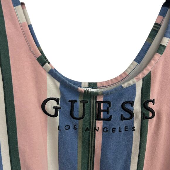 GUESS Striped Logo Snap Bodysuit M Retro Y2K Pastel Sporty Coquette Streetwear - Picture 2 of 8